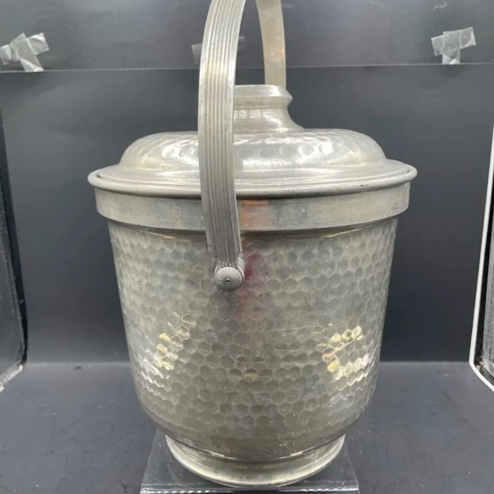 Hammered Aluminum Ice Bucket with Lid Made in Italy Vintage Barware